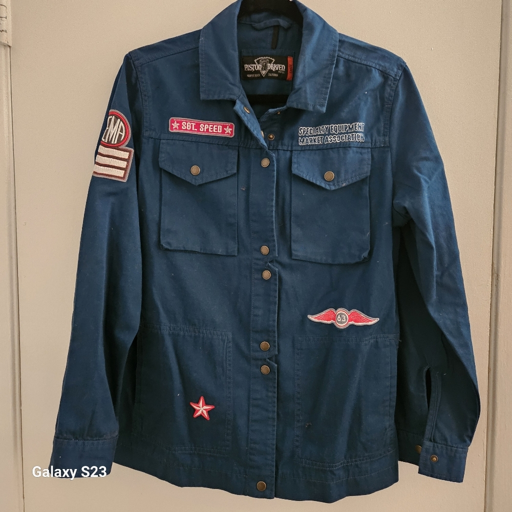 Blue Military Style Jacket with Patches Piston Driven Women Size L